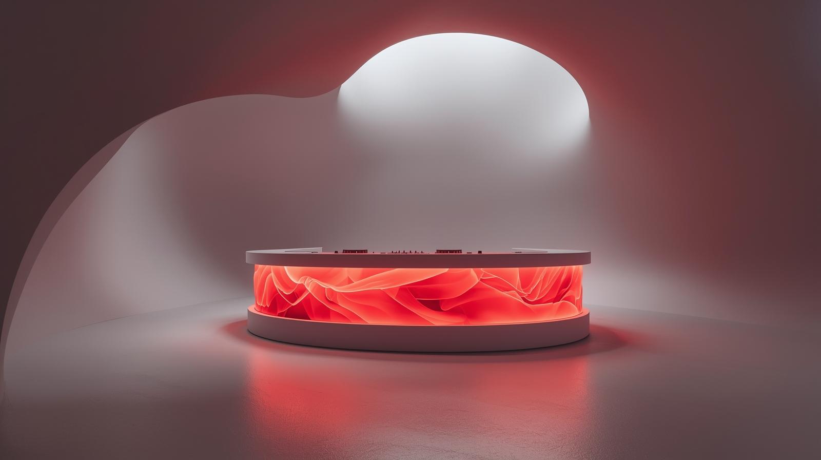 A minimalist and clean photography style showcasing a futuristic DJ booth with smooth, curved lines and prominently visible holographic displays, presented in a simple composition with ample ne (4)